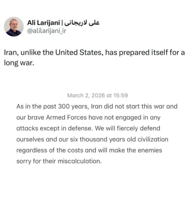  لاریجانی: ایران برخلاف ایالات متحده، خود را برای یک جنگ طولانی آماده کرده است